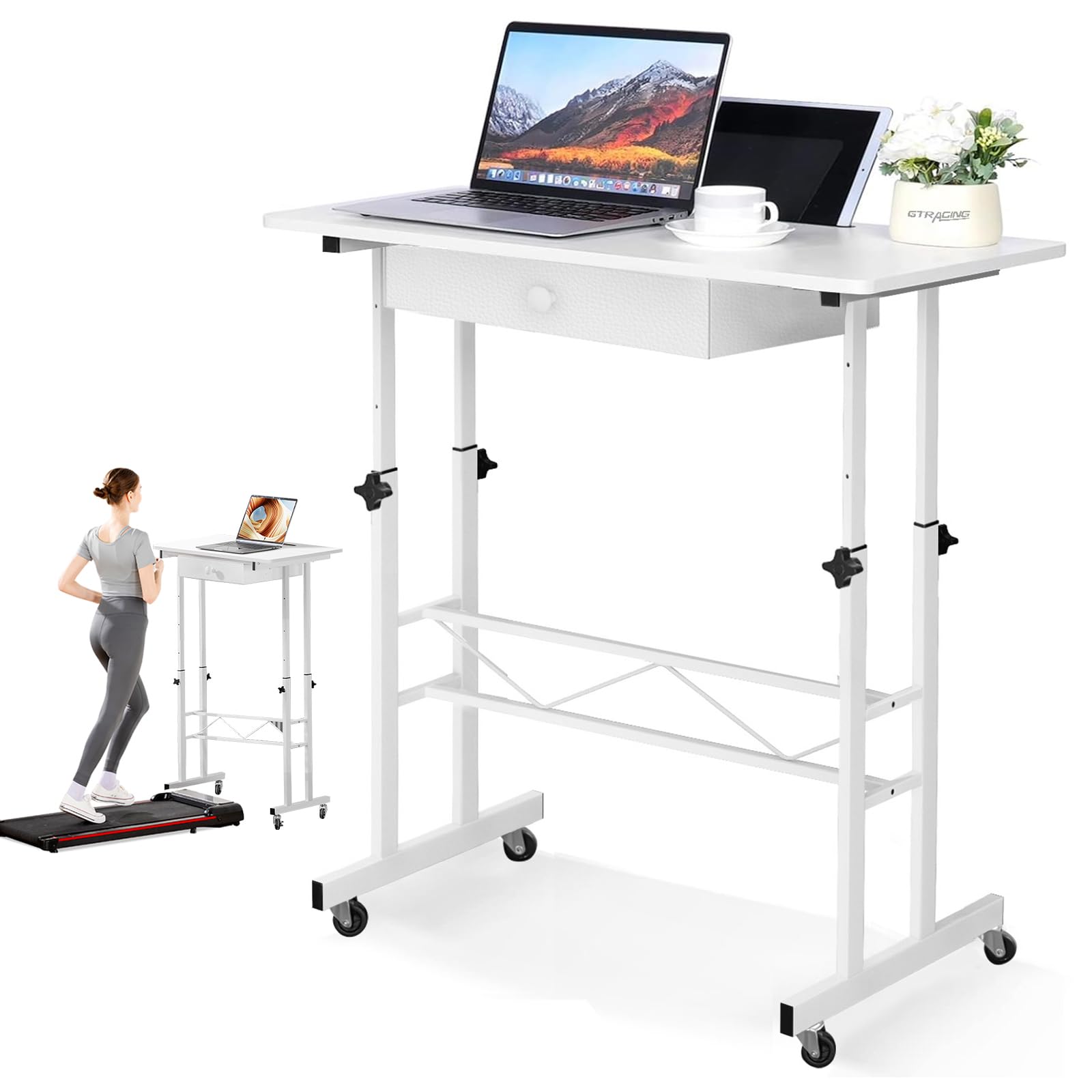 Small Mobile Standing Desk, 32In Wide Adjustable Height Stand Up Desk for Home Office