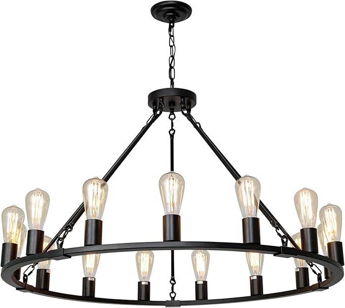 Wagon Wheel Chandelier, Large Black Farmhouse Chandelier for Dining Room Light Fixture
