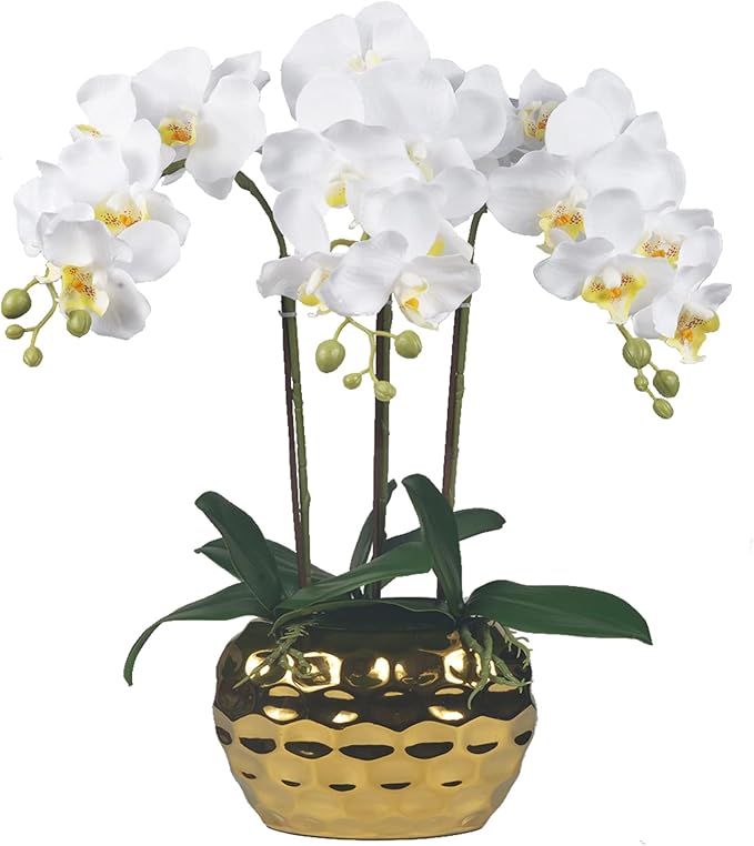 Artificial Orchid Plants & Flowers Arrangement in Ceramic Pot, Fake Faux White Orchid