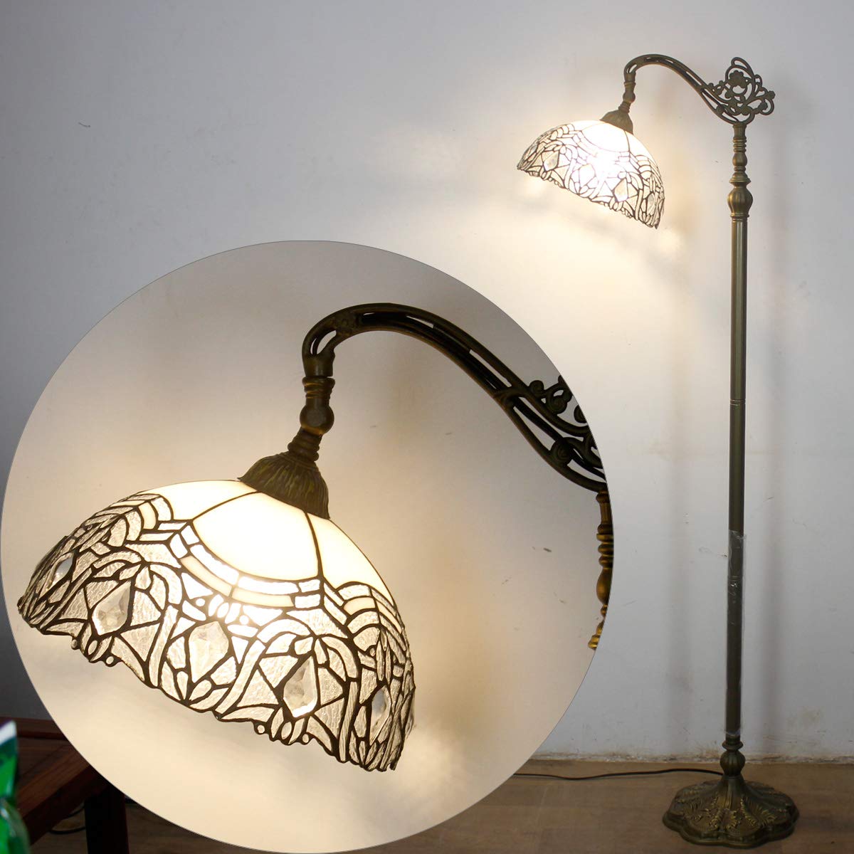 Tiffany Floor Lamp White Crystal Bent Stained Glass Arched Lamp 12X18X64 Inches