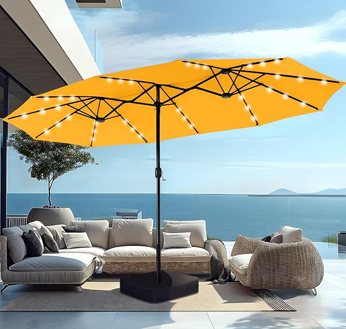 15ft Large Patio Umbrella with Solar Lights, Double-Sided Outdoor Market Rectangle