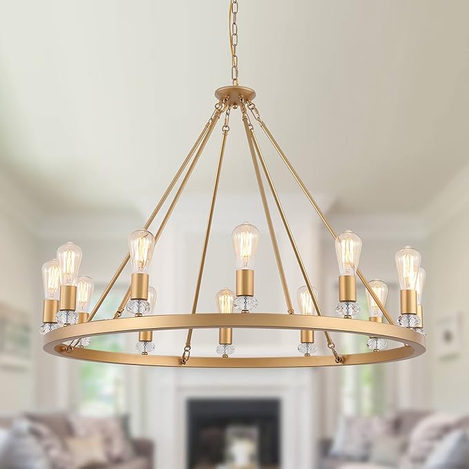 Large Modern Wagon Wheel Chandelier Gold Metal Round Luxury Industrial