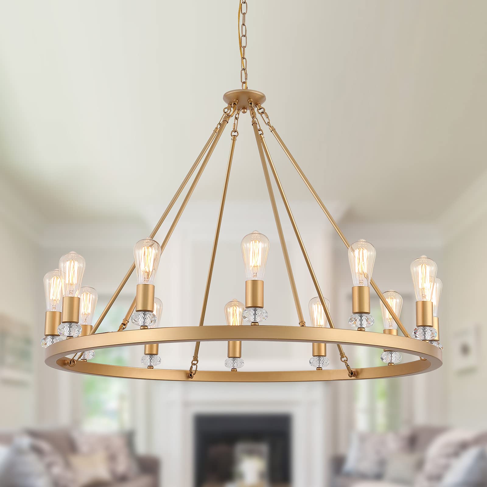 Large Modern Wagon Wheel Chandelier Gold Metal Round Luxury Industrial