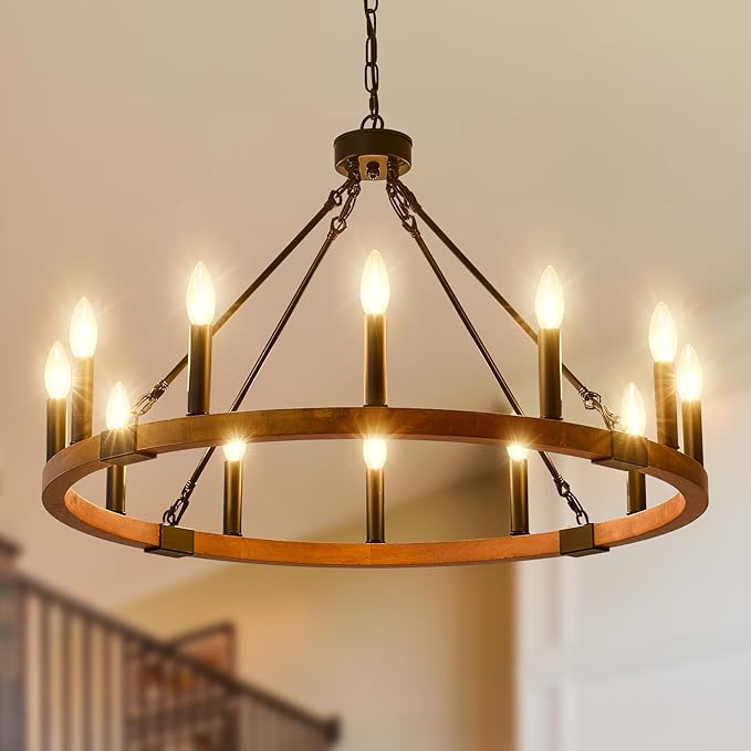 Wagon Wheel Chandelier 32" 12-Light, Round Black Chandeliers Farmhouse Modern
