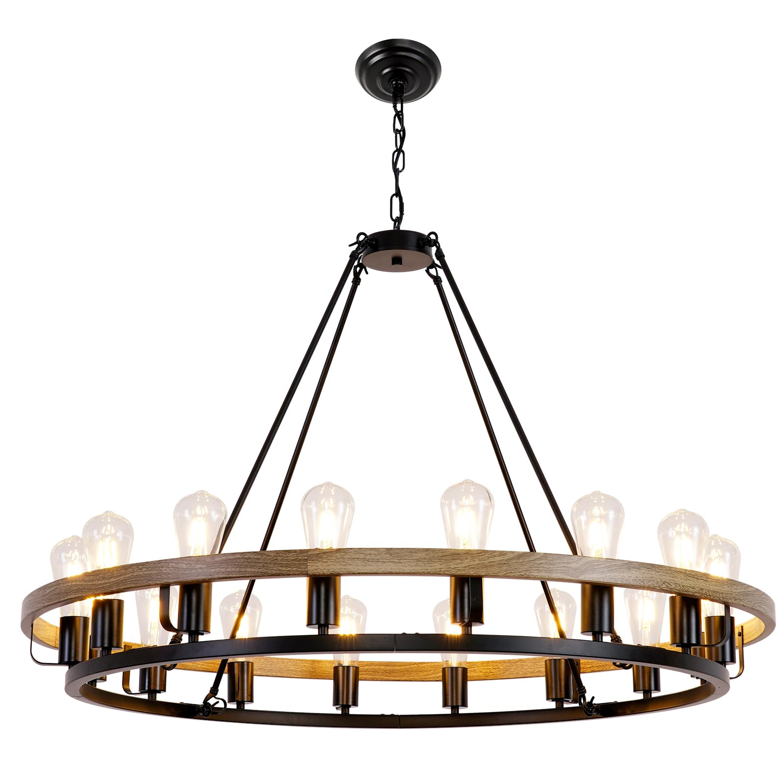Chandelier 16-Light 39-Inch, Black and Oak Wood Tone Finish Round Rustic