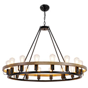 Chandelier 16-Light 39-Inch, Black and Oak Wood Tone Finish Round Rustic