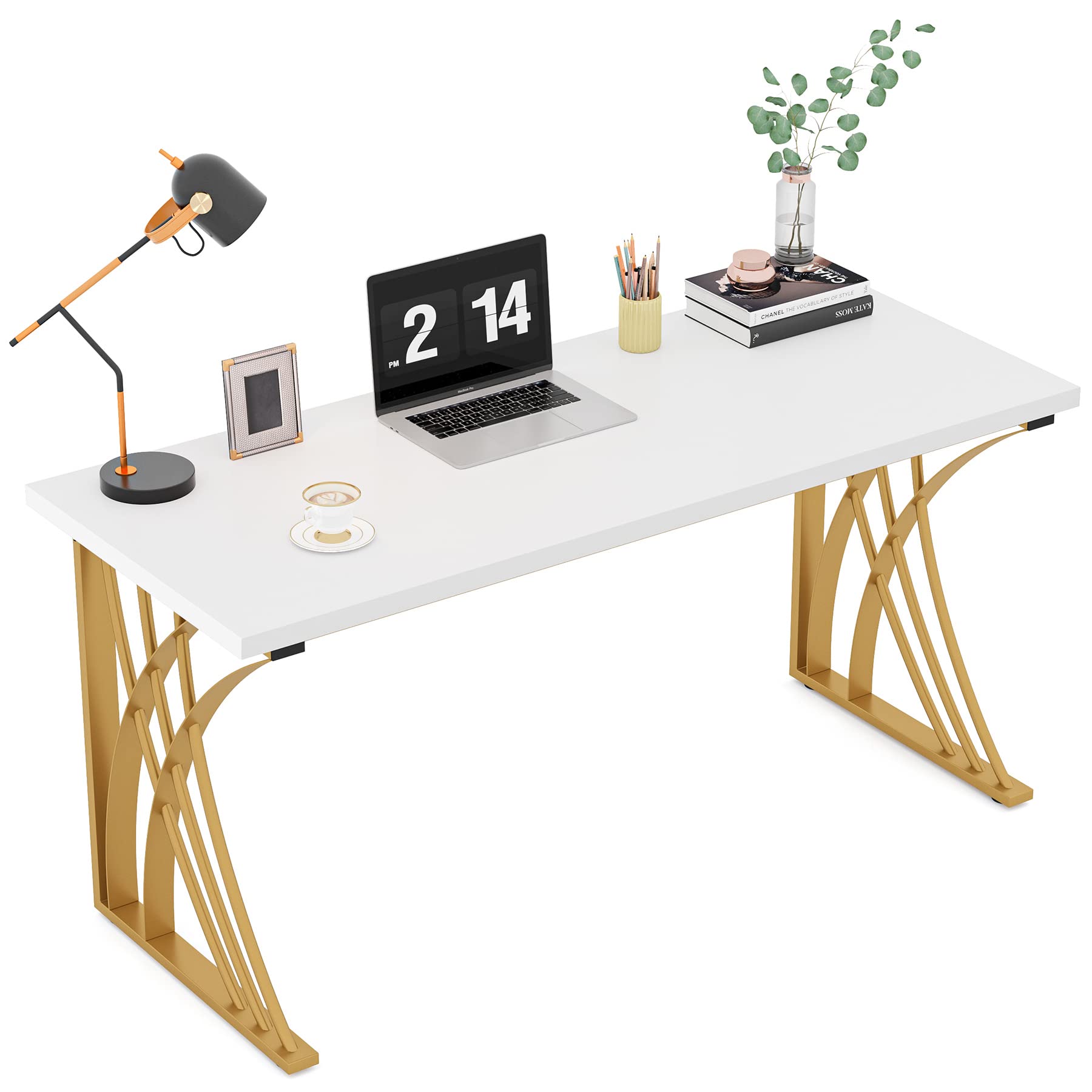 55’’ Large Modern Computer Desk, White & Gold Luxury Laptop PC Student Table