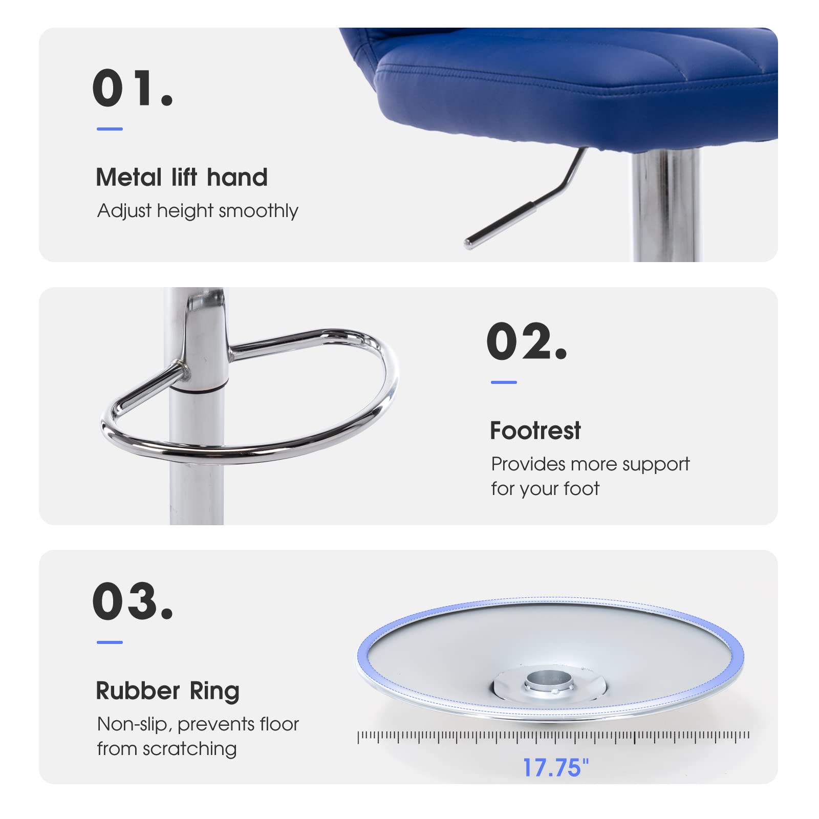 Brage Living Adjustable Bar Stools Set of 2, Modern PU Leather Swivel Barstools with Back, Armless Airlift Counter Height Bar Chairs for Kitchen Dining Pub Cafe (Blue)