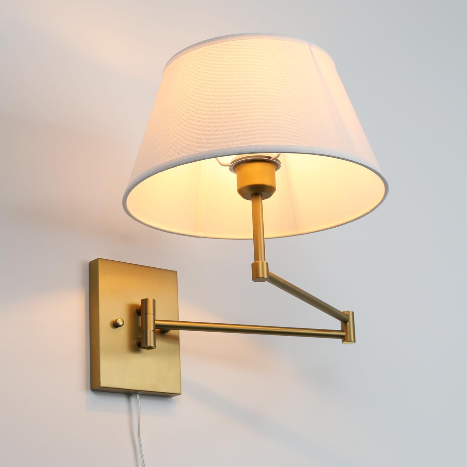 Cord Wall Sconce with White Fabric Shade, Indoor Swing Arm Wall Mounted Lamp