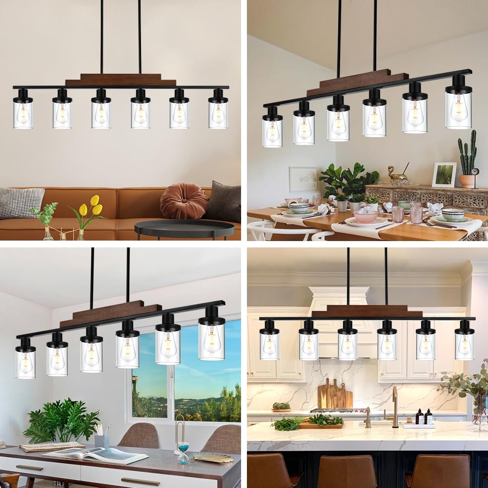 6 Light Rustic Hanging Pendant Light with Clear Glass Shade Farmhouse Linear Chandelier