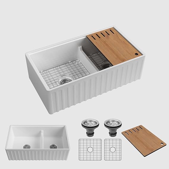 32 Inch White Fireclay Undermount or Drop-In Kitchen Sink, Single Bowl, Large Capacity