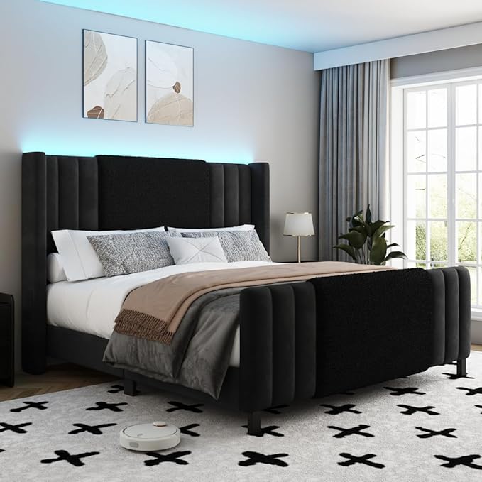 Queen Size Bed Frame with Tall Headboard and Footboard, Boucle and Velvet Upholstered