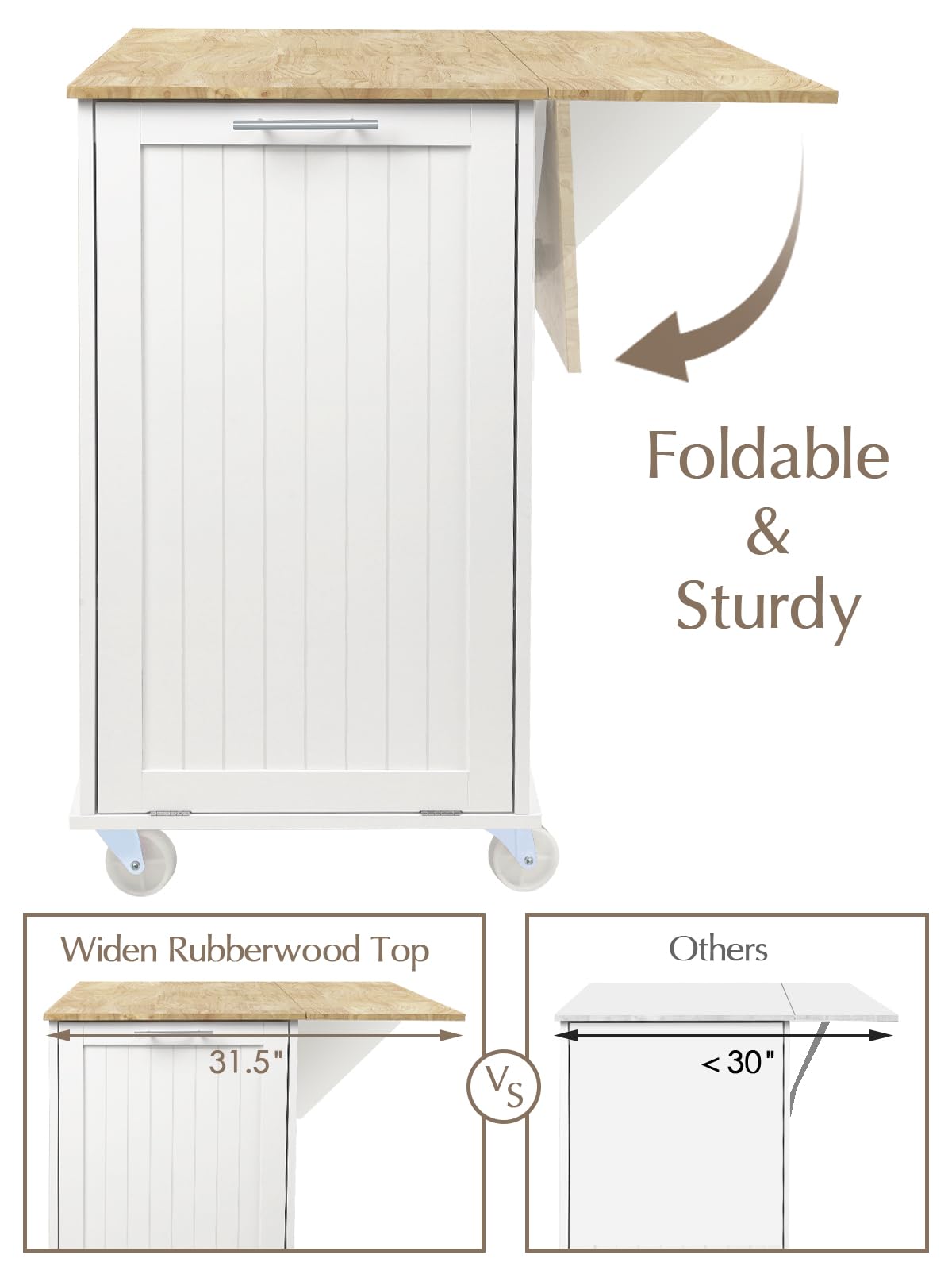OtterOasis Kitchen Island with Storage, 31.5" D Rolling Kitchen Island Cart on Wheels with Widen Drop Leaf Rubberwood Top, Large Mobile Kitchen Island with Trash Can Storage and Towel Bar, White