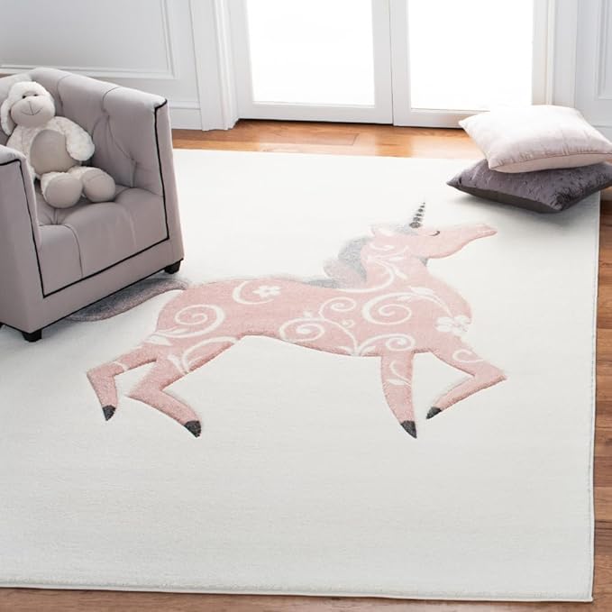 Carousel Kids Collection 6'7" Square Pink / Ivory CRK163P Unicorn Nursery Playroom