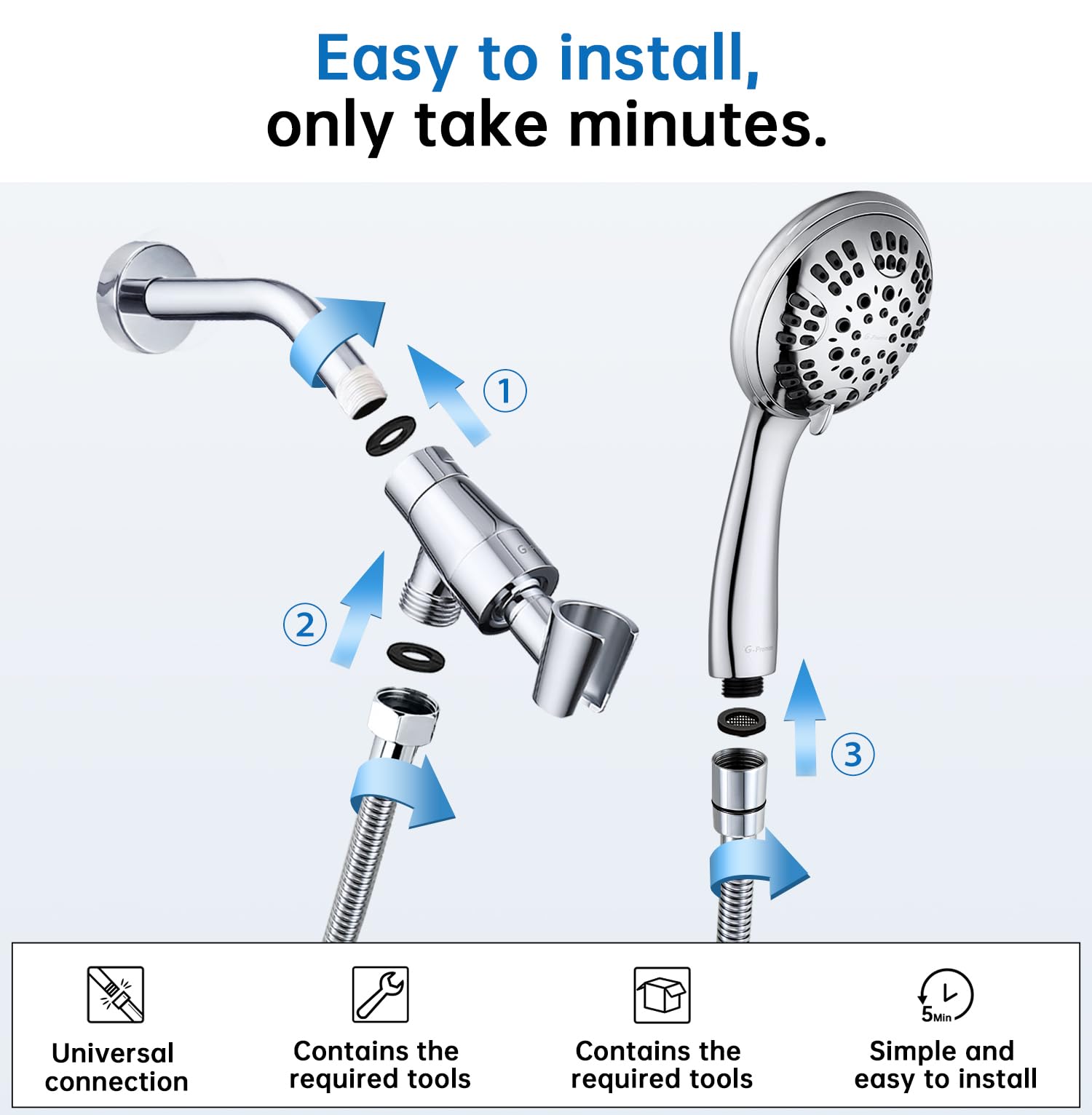 G-Promise High Pressure Shower Head 6 Spray Setting with Adjustable Solid Brass Shower Arm Mount and Extra Long Flexible Stainless Steel Hose (Chrome)