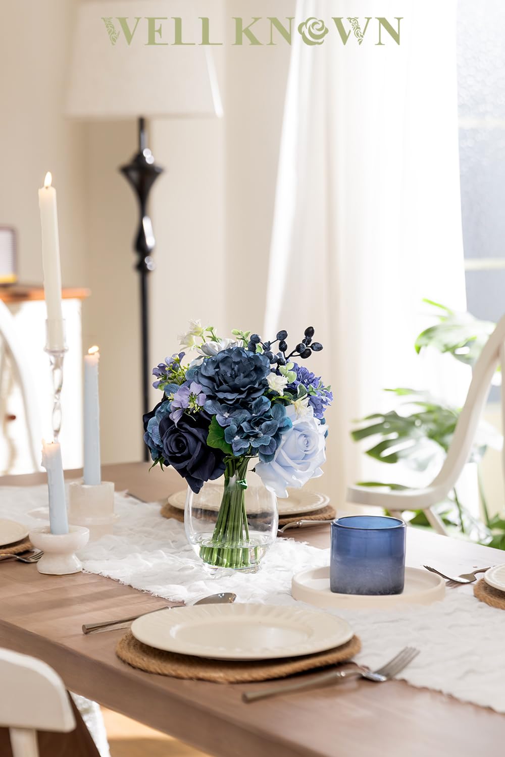 Fake Flowers in Vase with Fake Water, Realistic Faux Silk Blue Rose Hydrangea Artificial