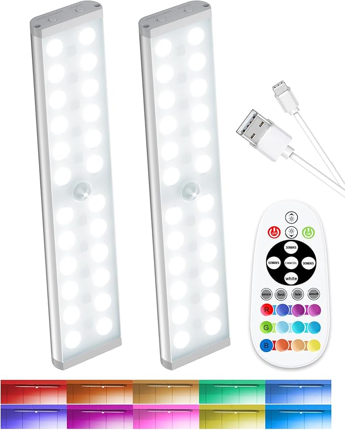 58-LED Motion Sensor Under Cabinet Lights Wireless, RGB Closet Light Night Lights Remote