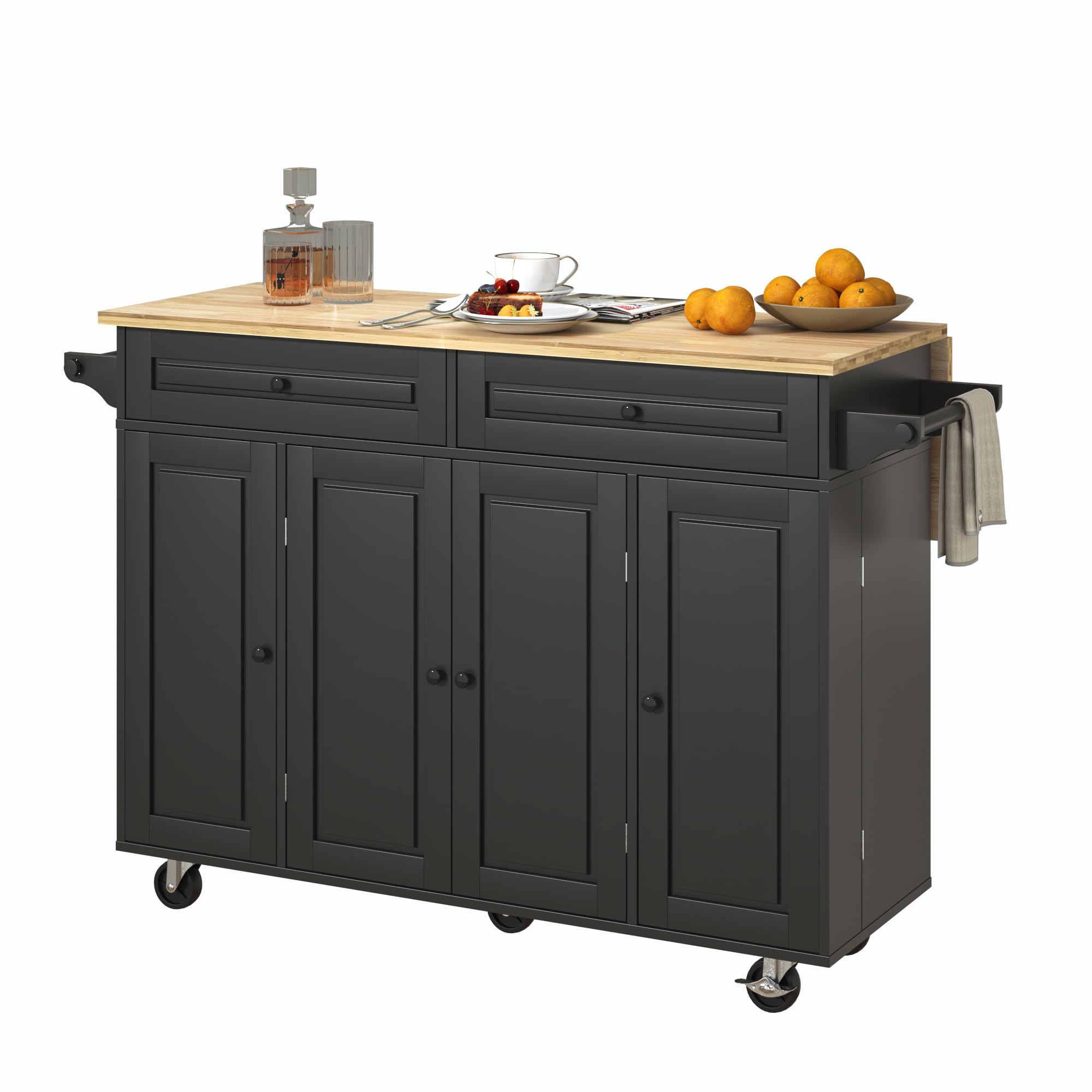 55" Kitchen Cart with Wood Top and Drop Leaf Breakfast Bar