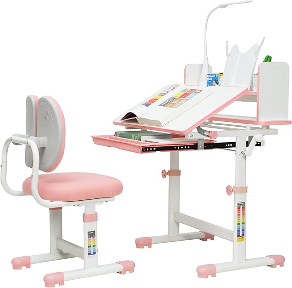 Kids Desk and Chair Set, Height-Adjustable with Led Lamps, Childrens Desk