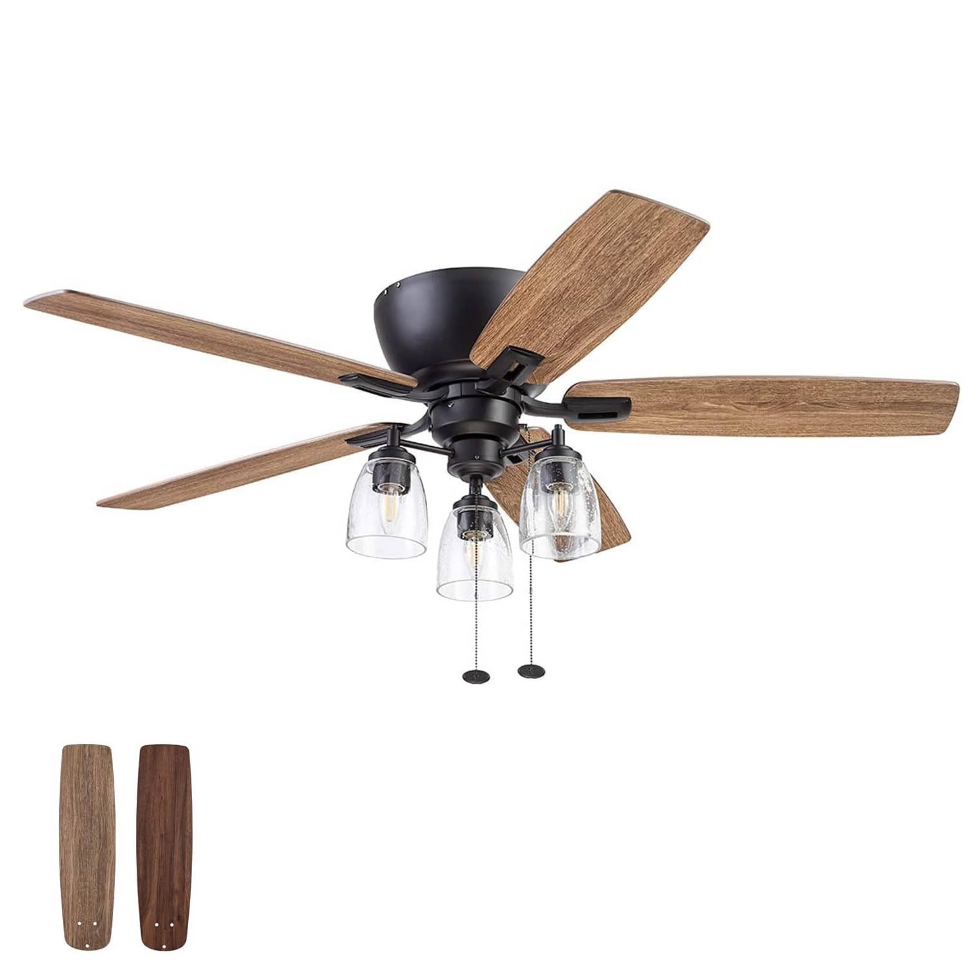 Arthur, 52 inch Industrial Farmhouse Flush Mount LED Ceiling Fan with Light, Pull Chain