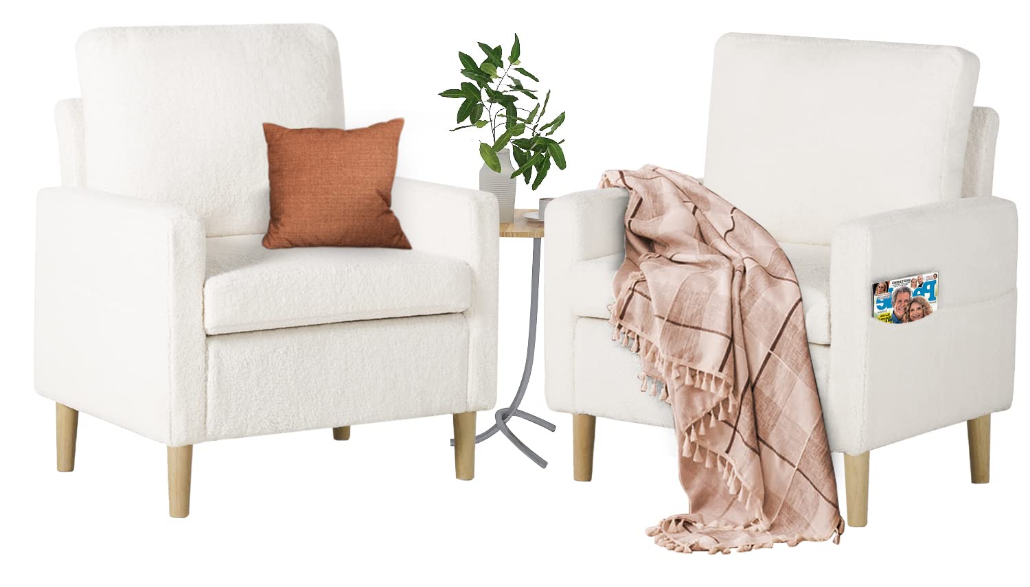 Accent Chairs Set of 2, Modern Fabric Living Room Arm Chairs