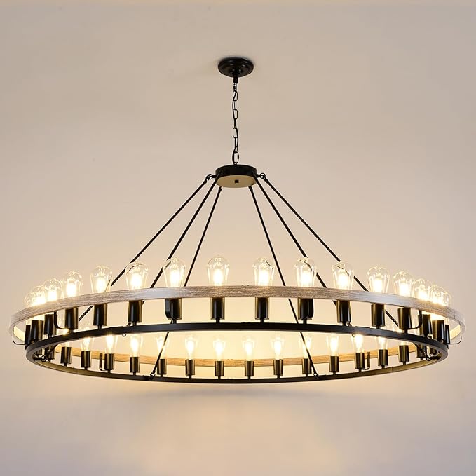 Chandelier 16-Light 39-Inch, Black and Oak Wood Tone Finish Round Rustic