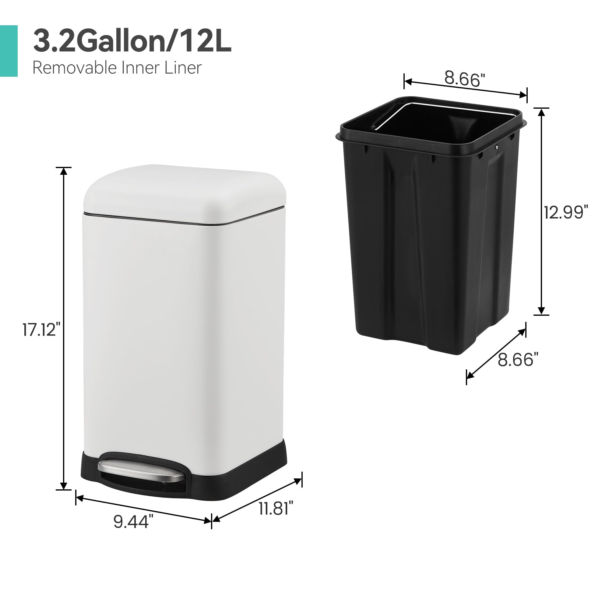 GAOMON Stainless Steel Trash Can, M7 12L Capacity, 30x24x44cm, Durable Kitchen Bathroom Bin, Anti-Stain Hand Design Garbage Can, White