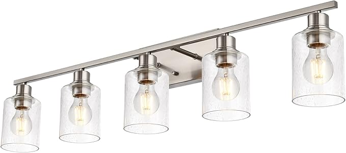 6 Light Brushed Nickel Wall Lighting with Seeded Glass Shade,Contemporary Bathroom Light