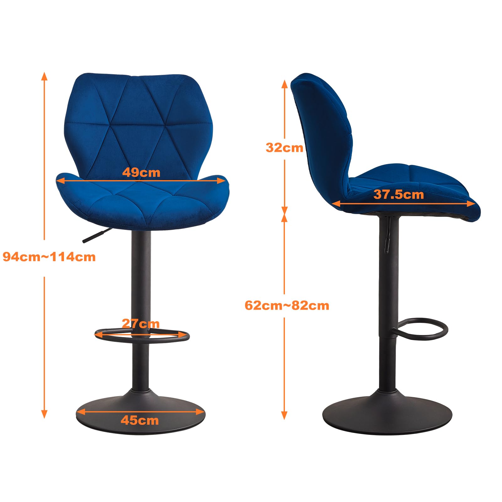 OFCASA Bar Stools Swivel Height Adjustable Barstools with Backrest and Footrest, Velvet Counter Stools for Kitchen, Dining Room, Bar(Blue 2pcs/Set)