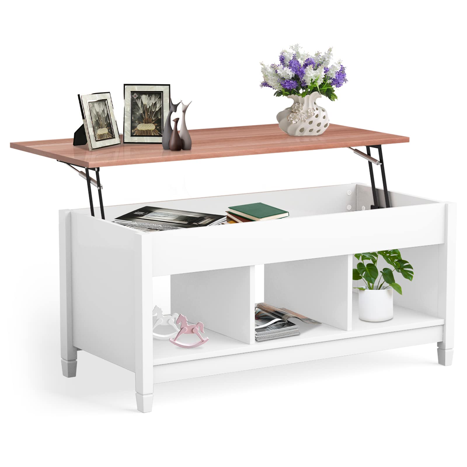 Lift Top Coffee Table, with Hidden Storage Compartment & 3 Open Shelves, Rectangular