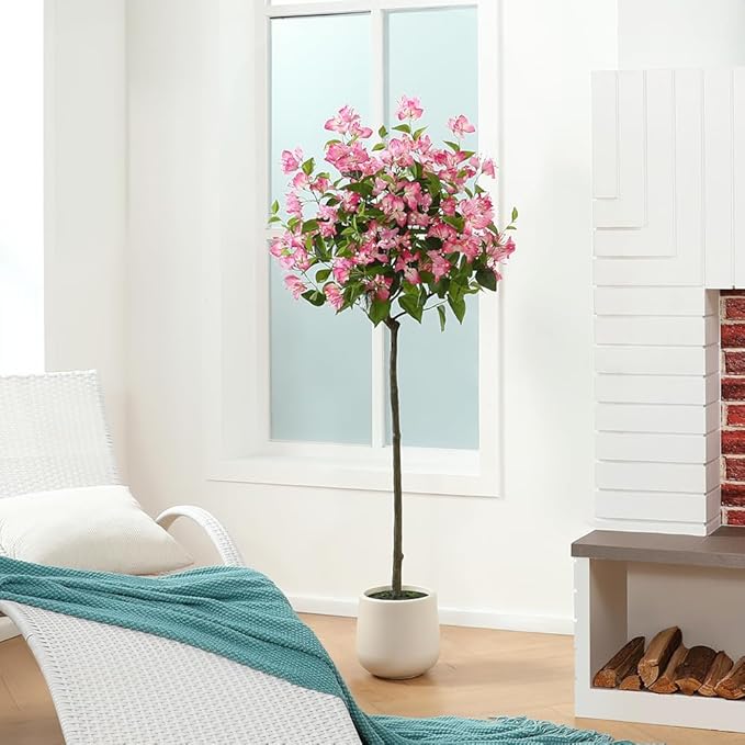 Artificial Flowers for Indoors with Planter, 6ft Artificial Bougainvillea Plant with Pink