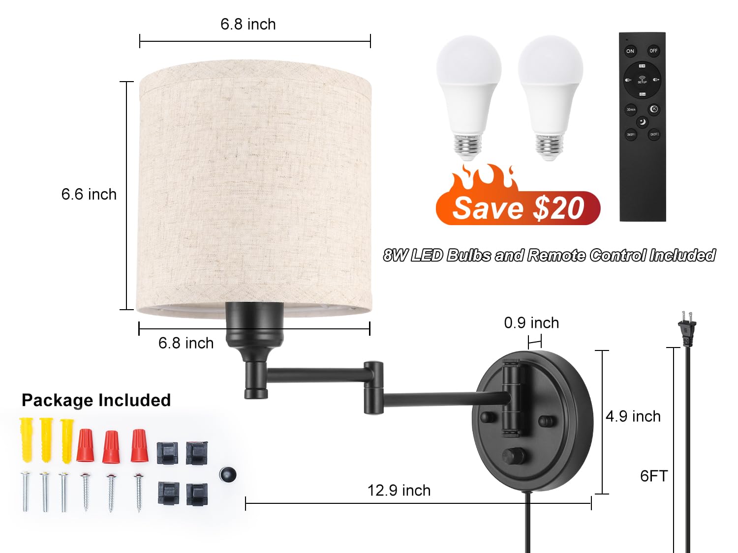 Remote Control, Dimming 10%-100% & Adjustable Colors 2700K-6500K,