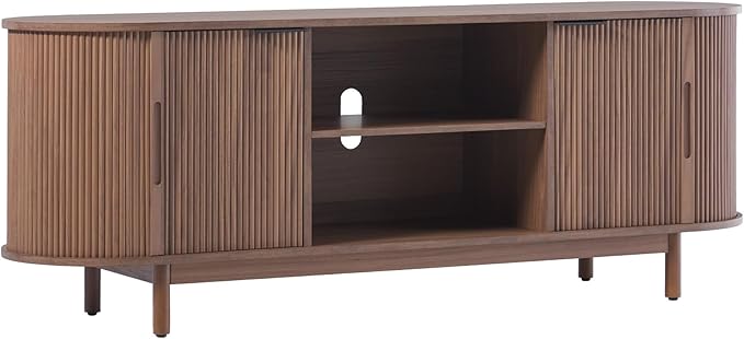 Modern Curved Reeded TV Stand for TVs up to 65 Inches, Credenza with Sliding