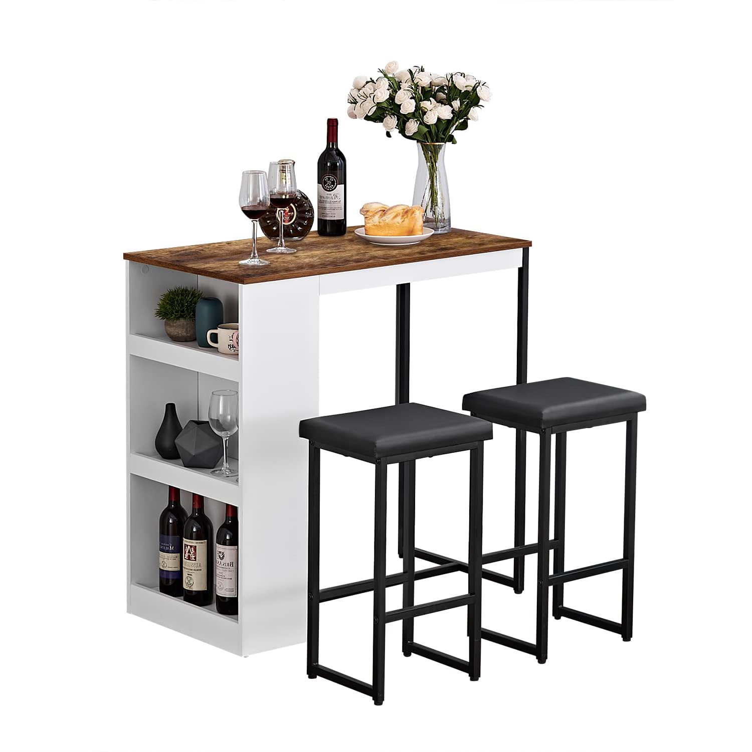 3 Piece Dining Table Set Kitchen Bar Table with Two Stool Storage Shelves Wood Counter