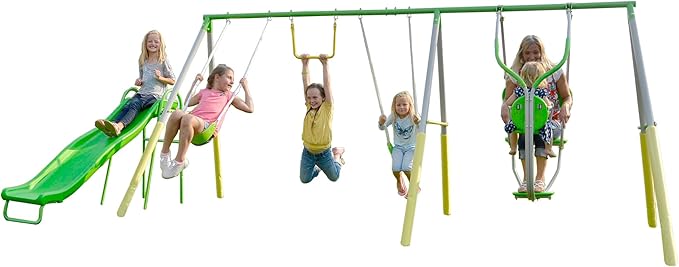 Fairview Metal Swing Set with 2 Swings, Rocking Horse, Mini-Trampoline, on Slide
