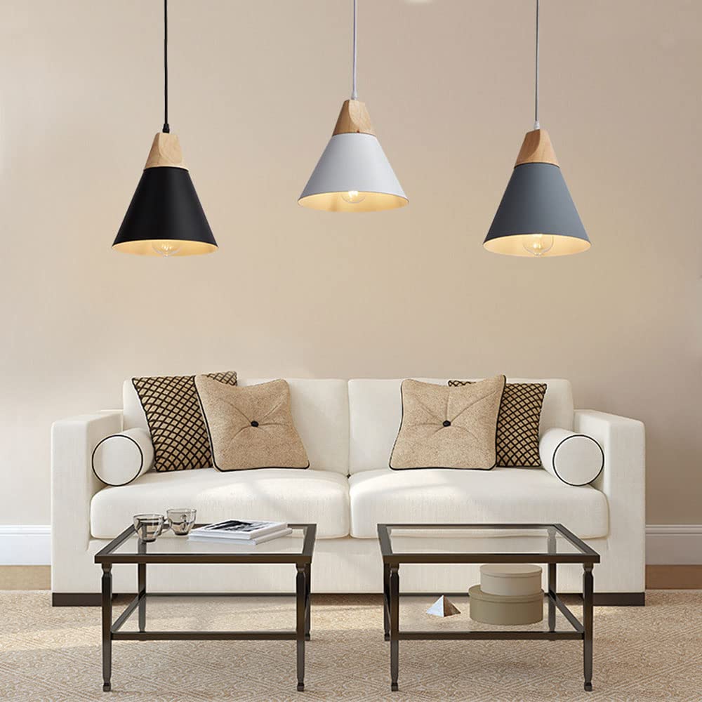 8.6" Cone White Ceiling Hanging Lamp Modern Wood Pendant Light Minimalist Hanging