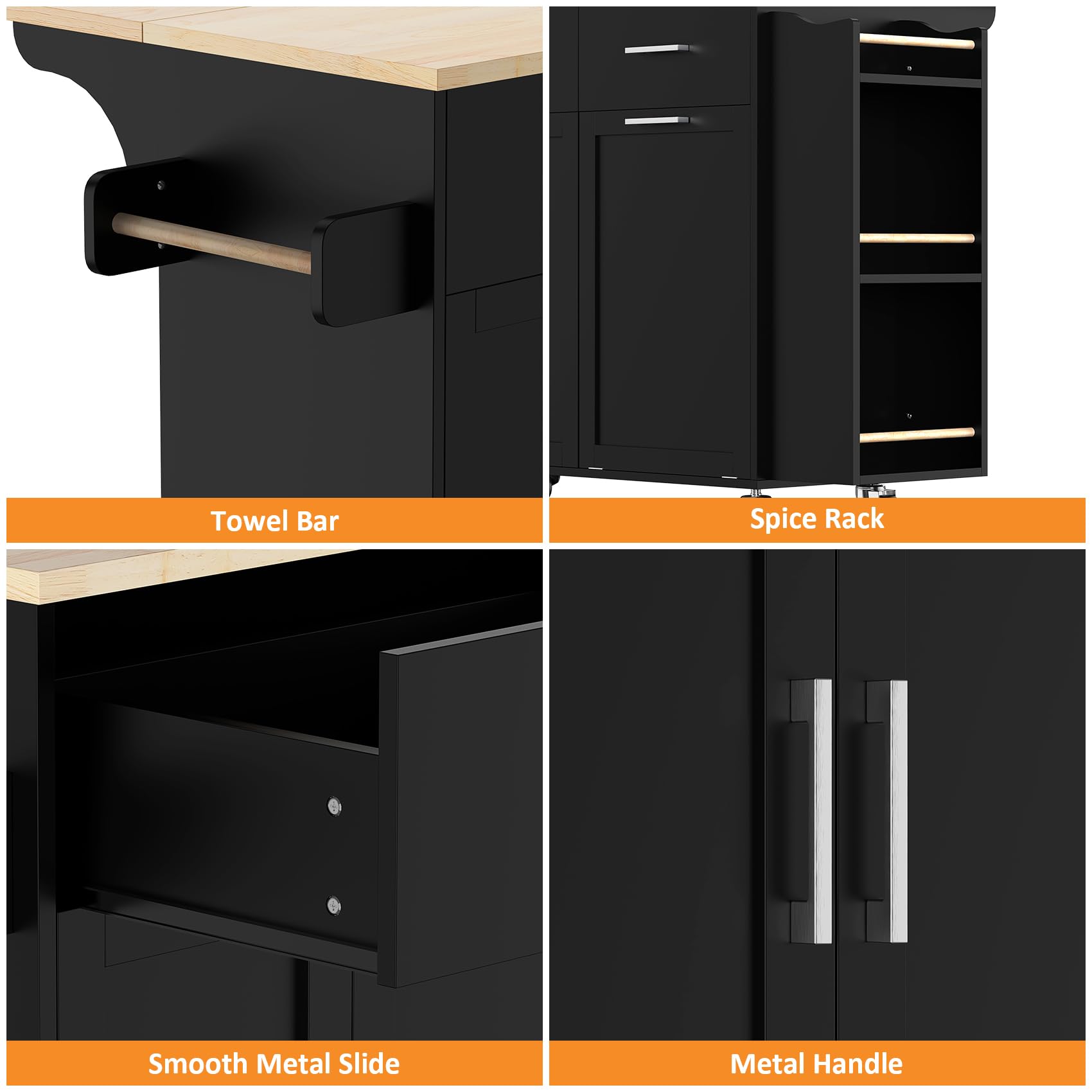 Bigbiglife Rolling Kitchen Island with 2 Drawers, Island Table for Kitchen with Drop Leaf, Kitchen Island Cart with Trash Storage Cabinet, Mobile Buffet Cabinet for Kitchen, Dining Room, Living Room