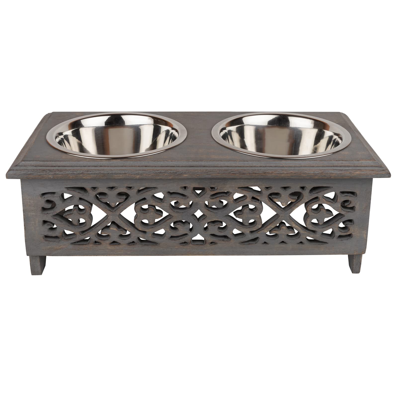 Raised Dog Bowls for Small Dogs | Elegant Farmhouse Grey Washed Elevated Wooden