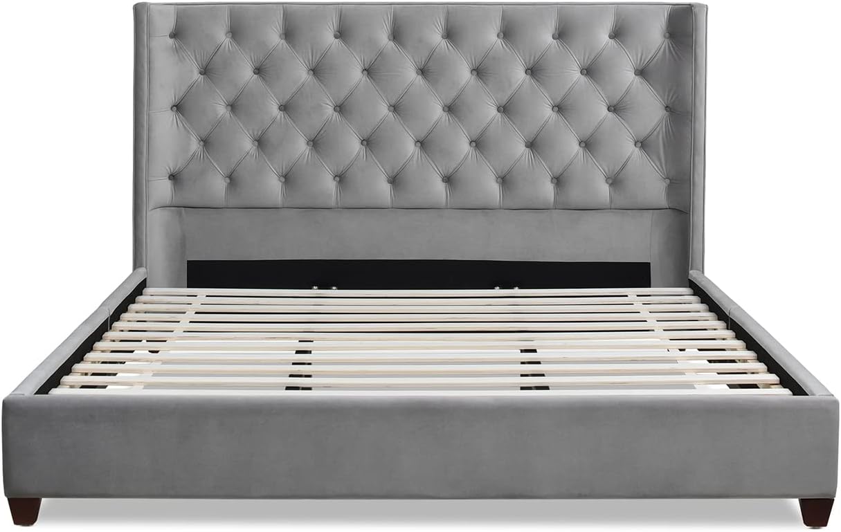 Manhattan Shelter King Platform Bed Frame, Opal Grey Velvet