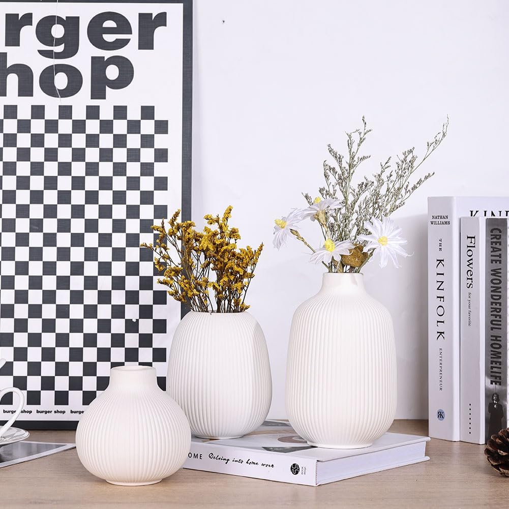 White Ceramic Vase Set of 3, Minimalist Decor, Home Decorative Vase