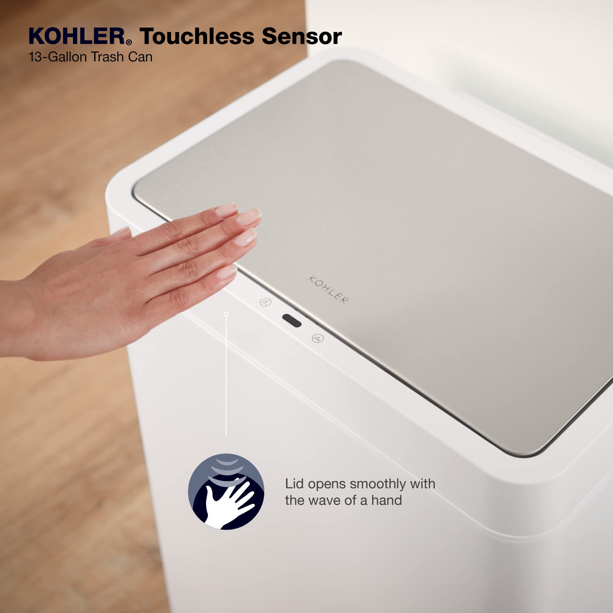 KOHLER 13-Gallon Touchless White Stainless Steel Trash Can, Hands-Free Motion Sensor Lid, Durable, Fingerprint-Resistant, Easy to Clean, K-23825-STW