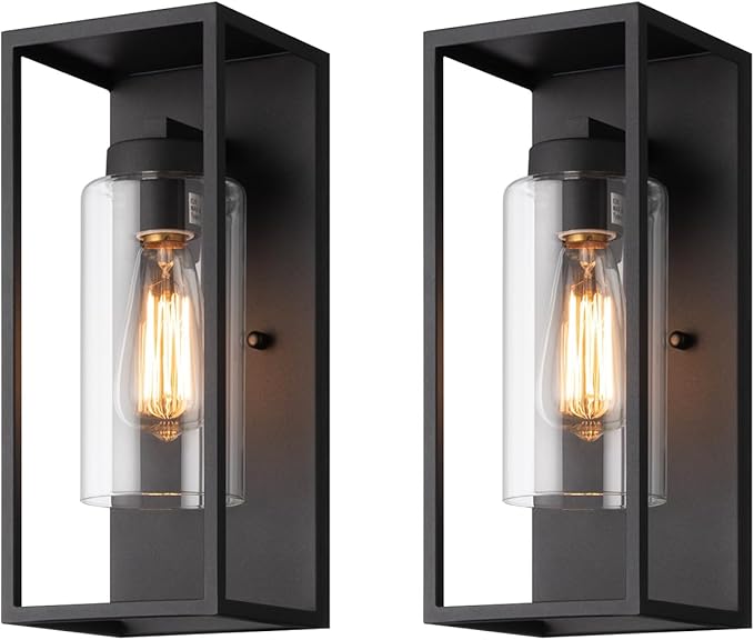 Outdoor Wall Sconce 1 Light in Cylinder Glass Shade and Matte Black Rectangular