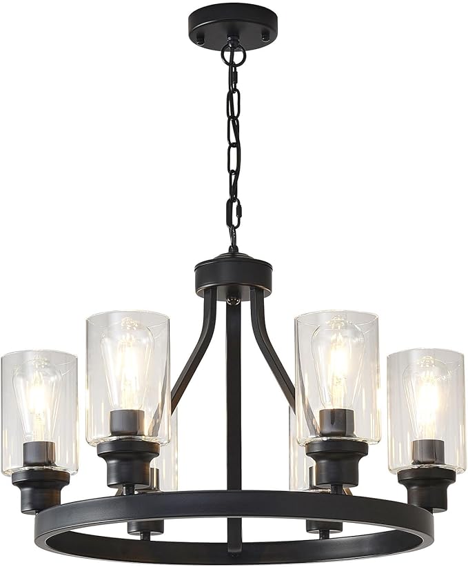 Farmhouse Chandelier 6-Light Black Dining Room Light Fixture with Glass Shade Ceiling