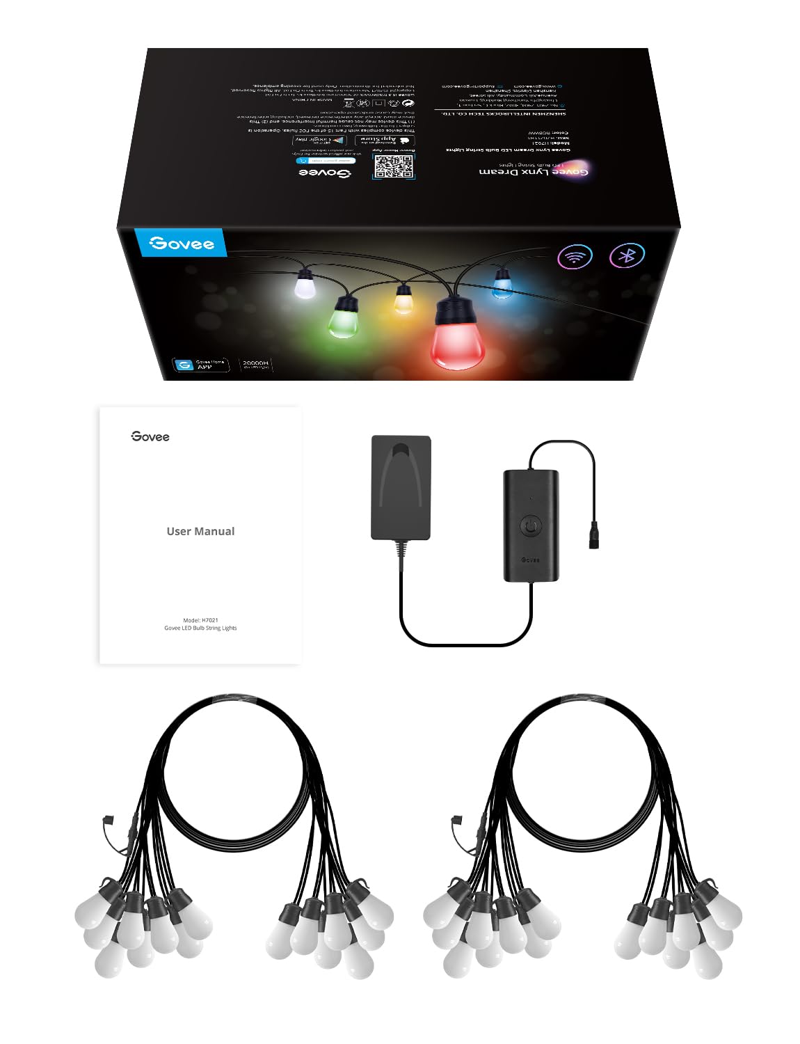 Smart Outdoor String Lights H7021, RGBIC Warm White 96ft (2 Ropes of 48ft) LED Bulbs