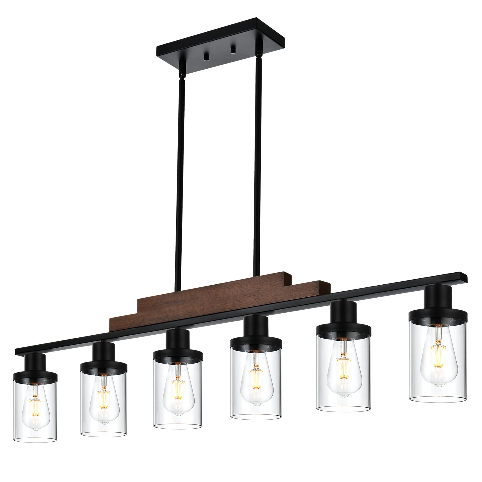 6 Light Rustic Hanging Pendant Light with Clear Glass Shade Farmhouse Linear Chandelier