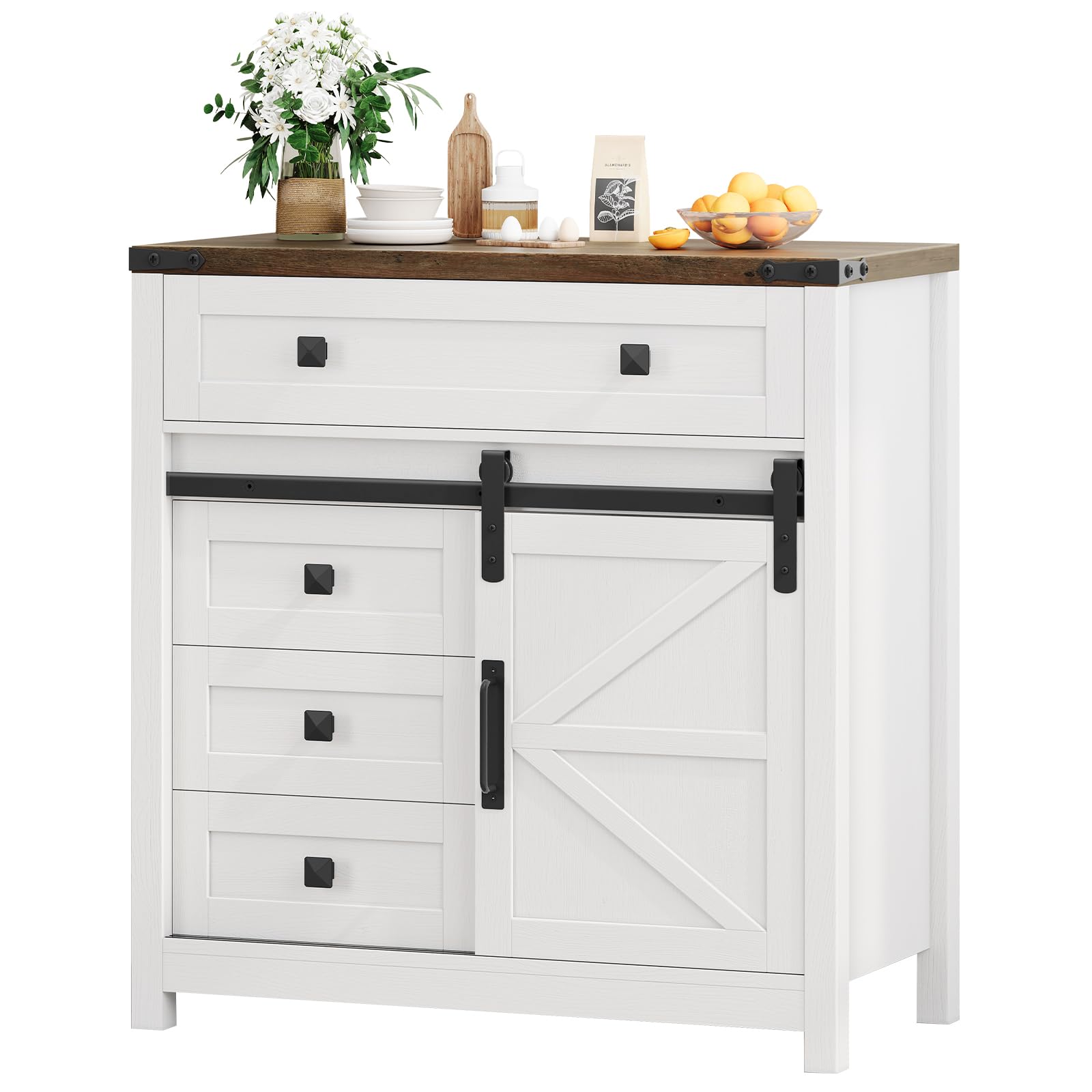 Farmhouse Storage Cabinet with Sliding Barn Door and 4 Drawers