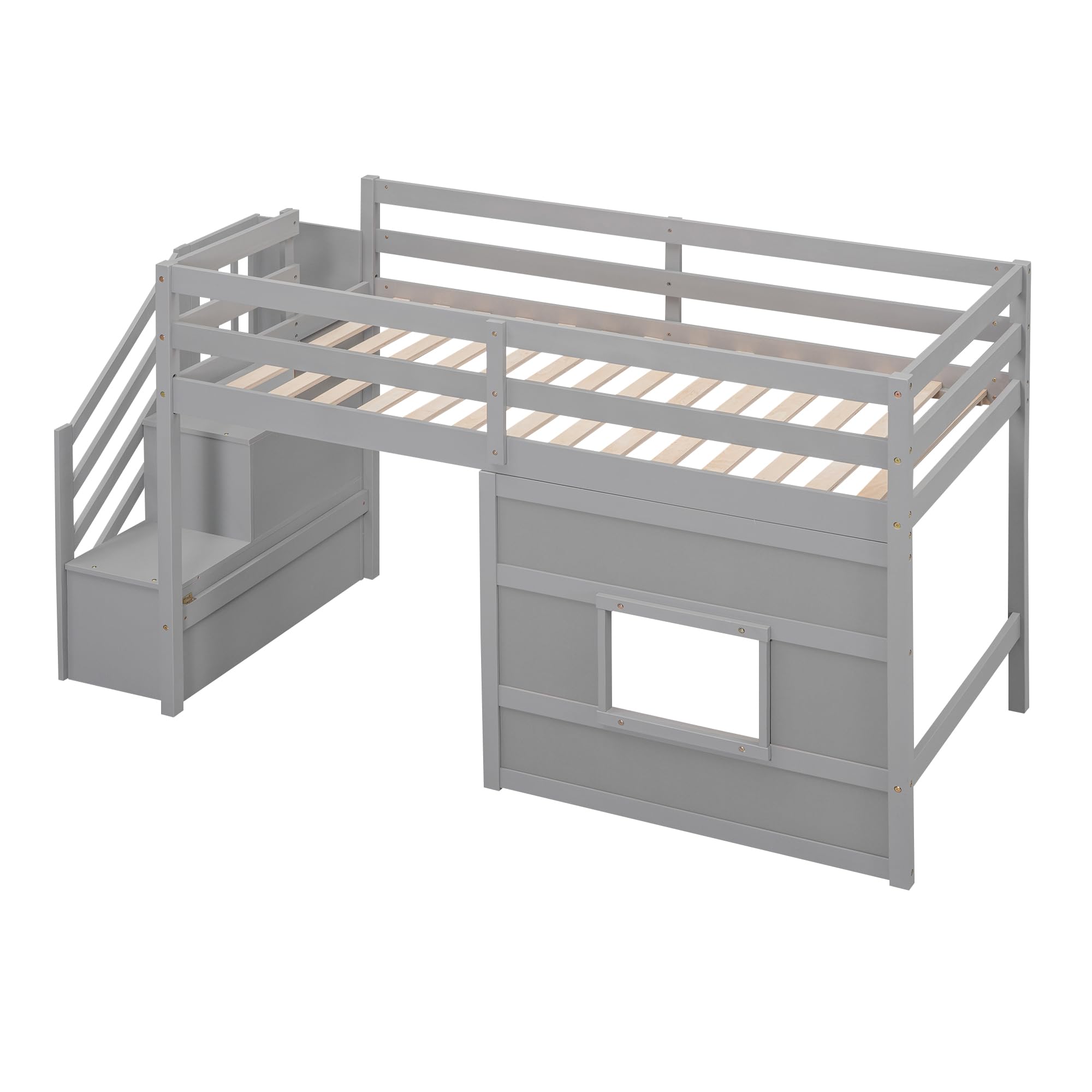 Low Loft Bed with Stairs, Twin Size Storage Loft Bed Frame with Staircase and Window