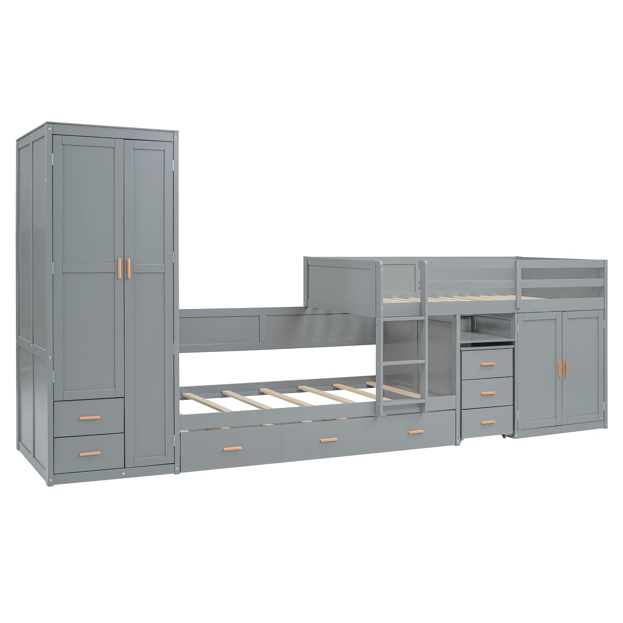 Twin Over Twin Bunk Bed with Wardrobe, Desk, Storage Cabinets and Drawers