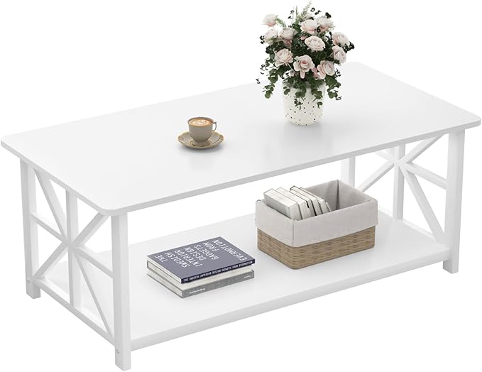 Coffee Table with Round Corner, Farmhouse Center Table with 2-Tier Storage