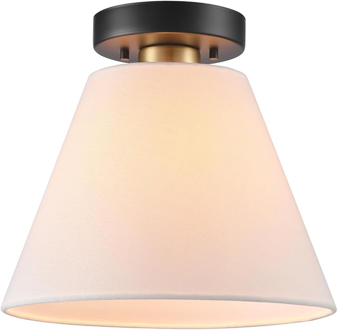 2-Light Semi-Flush Mount Ceiling Light, Matte Black, 2-Tier, White Linen Shade